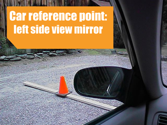 Left side-view mirror as a reference point for a stop line